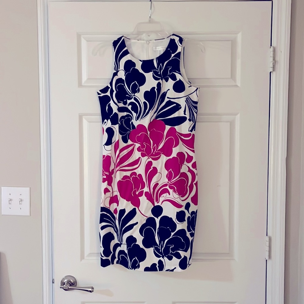 London Times navy, pink, and white sleeveless dress